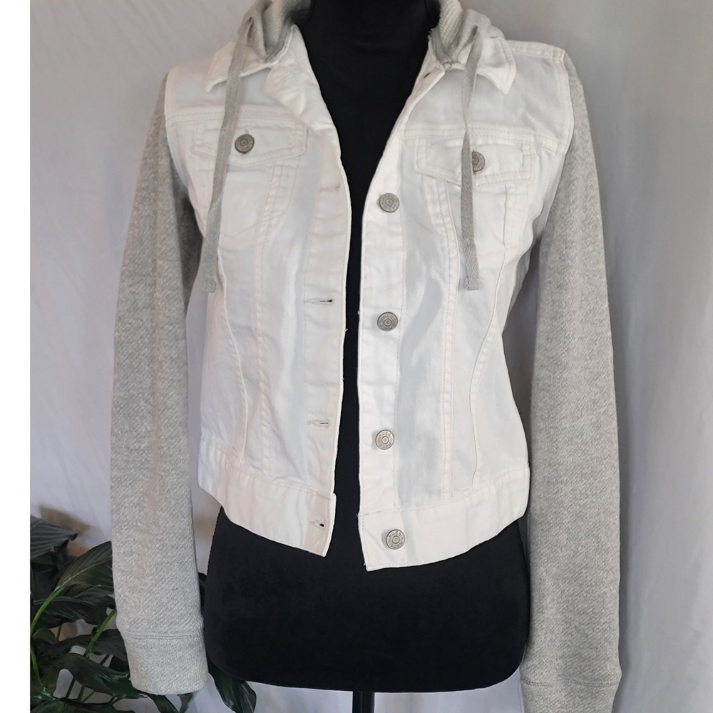 Mudd Juniors White Denim‎ Jacket Grey Jersey Hoodie Sleeves Mixed Media Small
